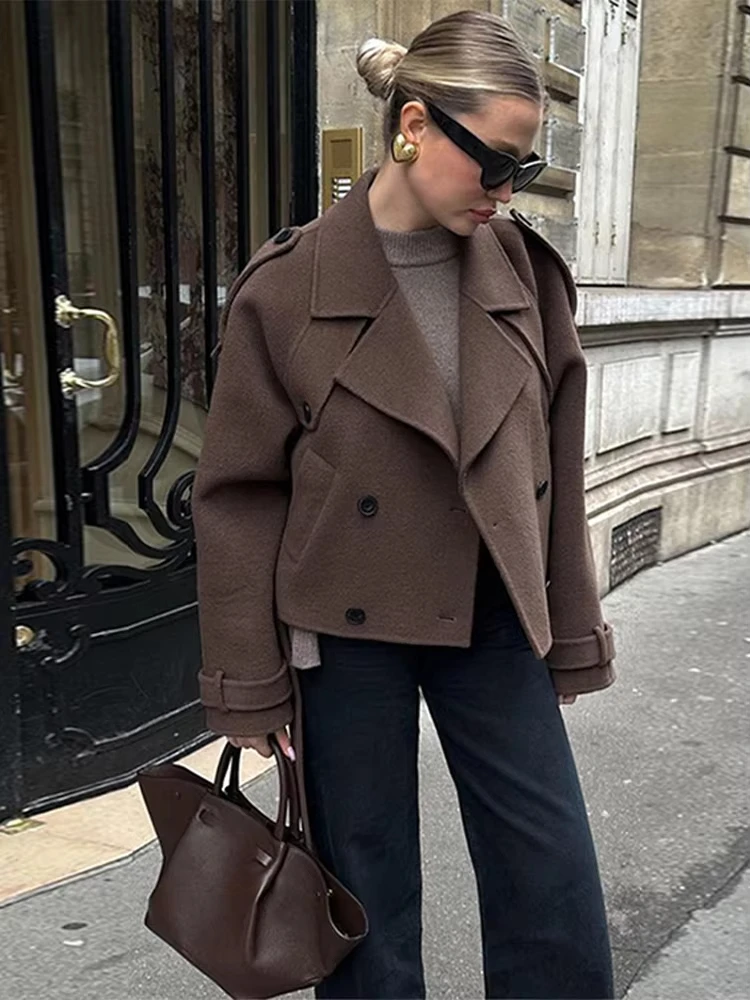 

Women's Solid Short Trench Coat Lace-Up Double-Breasted Full Sleeve Jacket Autumn Winter Fashion High Streetwear for Ladies