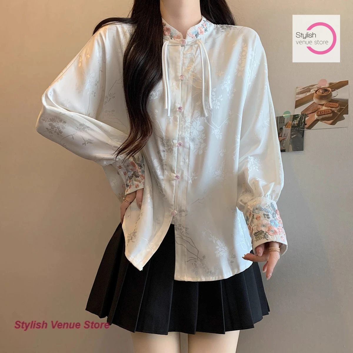Chinese national style stand-up collar shirt women's spring and autumn design sense embroidery loose casual long-sleeved shirt