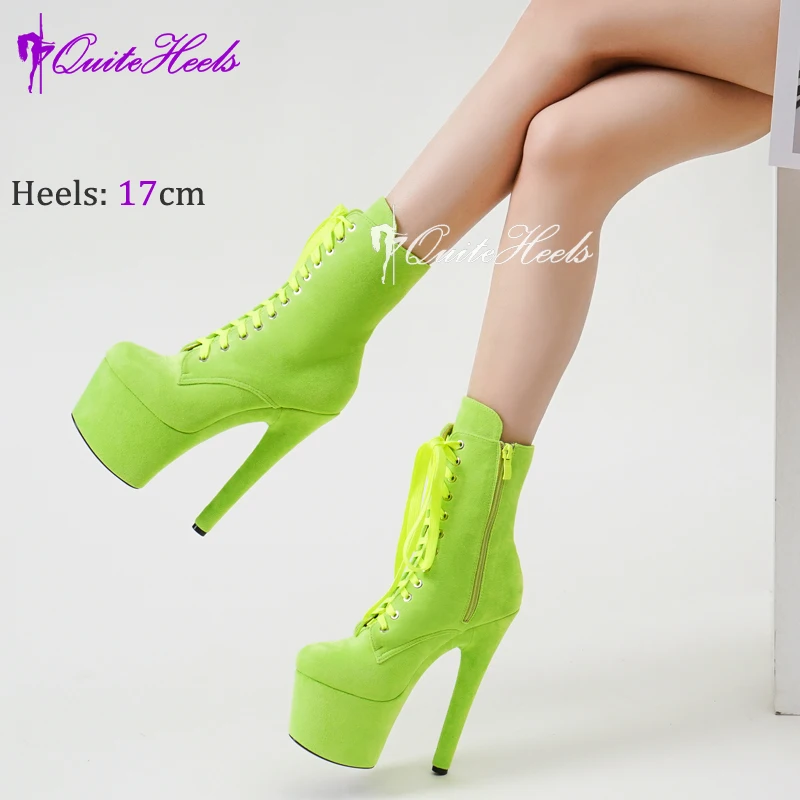 Faux Suede 17cm Pole Dance Shoes Stripper Heels Platform Women Ankle Booties Models Catwalk Lady Knight Boots Lace-up Zip
