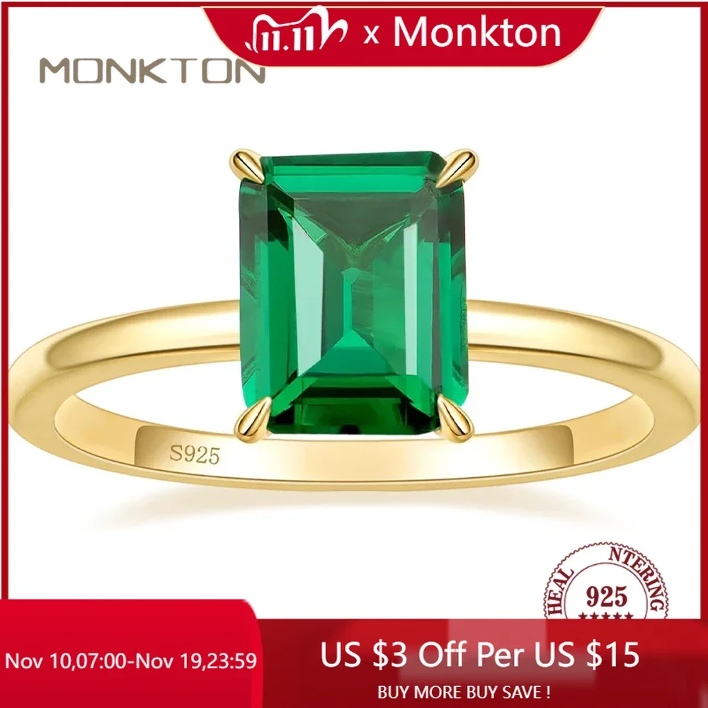 

Monkton 100% 925 Sterling Silver Engagement Rings for Women 3CT Solitaire Created Green Emerald Wedding Band Promise Jewelry