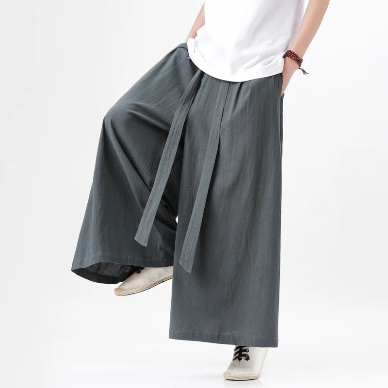 2023 Chinese Style Harajuku Linen Cotton Linen Pants Man Japanese Kimono Pants Male Streetwear Summer Retro Wide-Leg Trousers