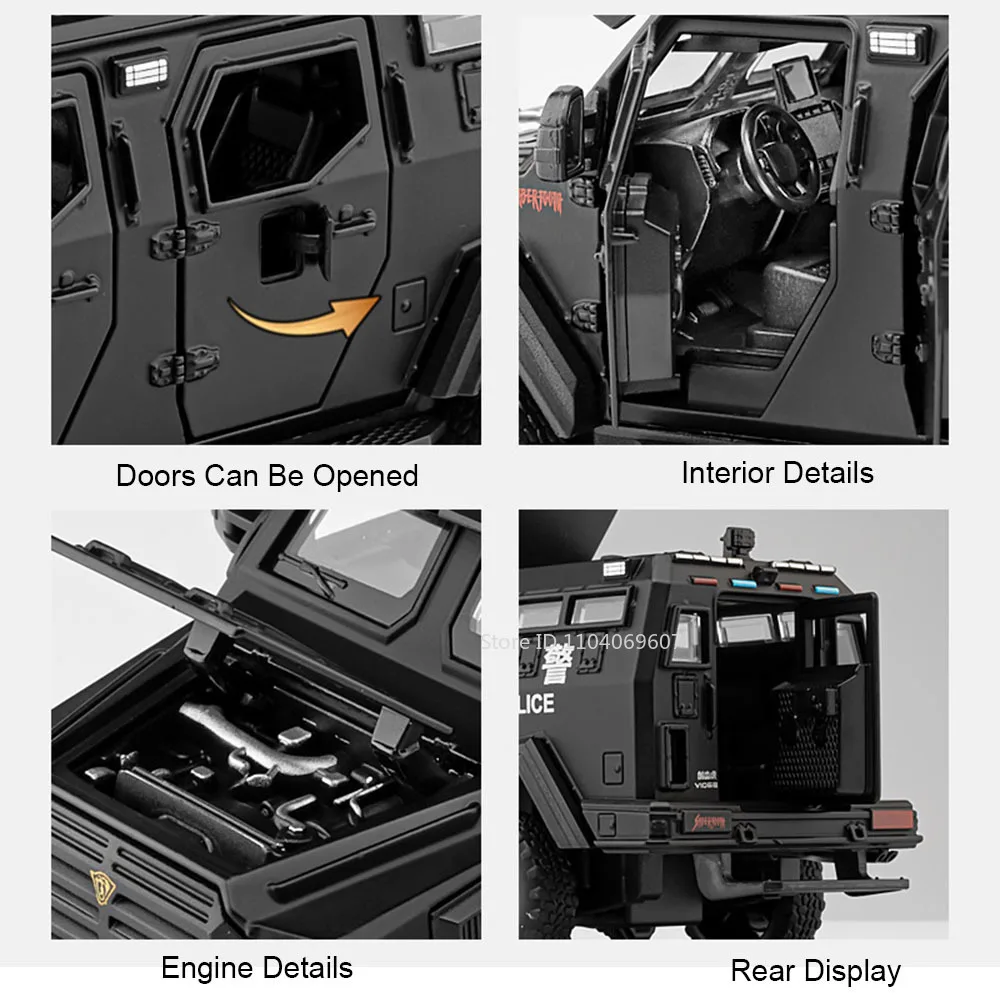 Modelli di auto giocattolo a dente di sciabola in scala 1:32 Metallo pressofuso Suono Luce 6 porte aperte Tirare indietro Spada Dentata Tigre Veicolo blindato Regalo