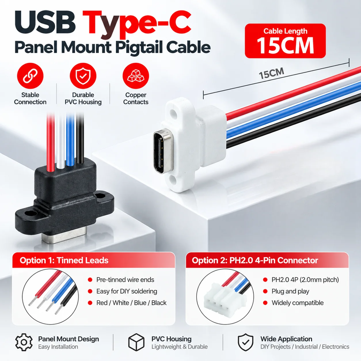 USB Type-C Female Socket Panel Mount Pigtail Cable 15CM 4Pin Tinned Leads PH2.0 Connector