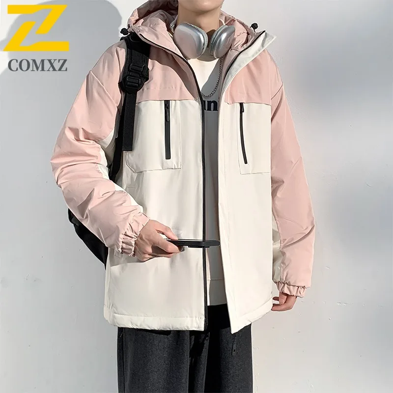 سترة مبطنة للسفر للرجال من COMXZ على الطراز الكوري، سترة مريحة بغطاء للرأس، تصميم بلون سادة، سترات شتوية دافئة مقاومة للبرد #5