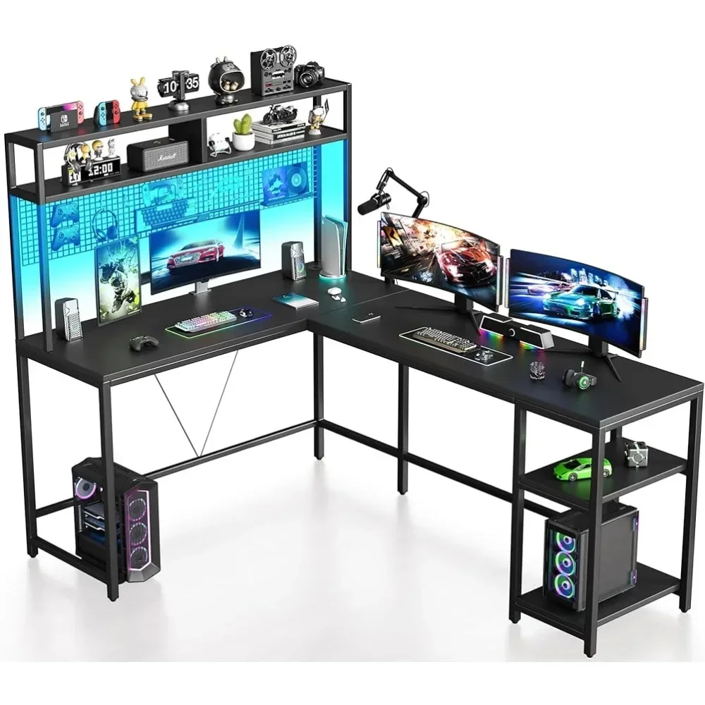 L Shaped Mesa Gaming com Hutch e Pegboard, Luzes LED, Black Corner Computer Desk, Prateleiras de armazenamento, 67\