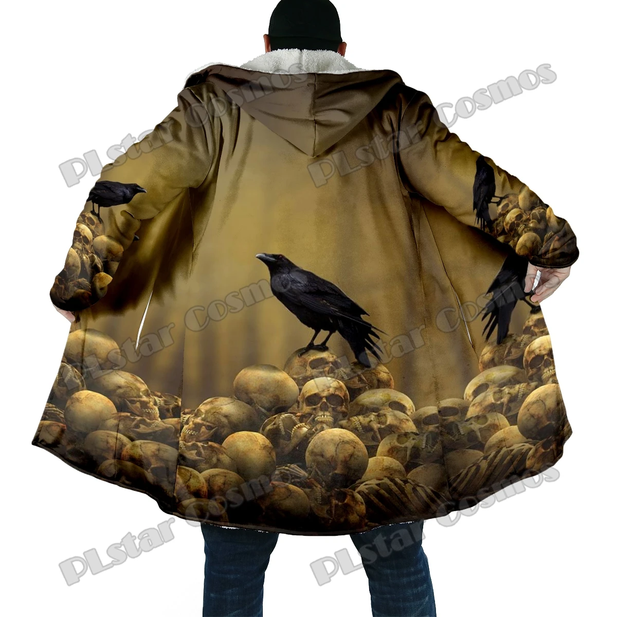Winter Fashion Men's cloak Halloween Crow Skull Pattern 3D Printed Thick Fleece Hooded Cloak Unisex Casual Warm Cape Coat DP62