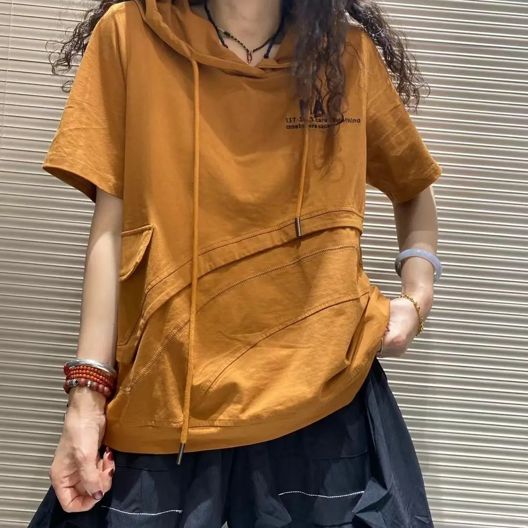 Asymmetric Short Sleeved Drawstring Hooded T-shirt Summer Casual Loose Versatile Blouse Tops Popular Fashion Clothes for Women