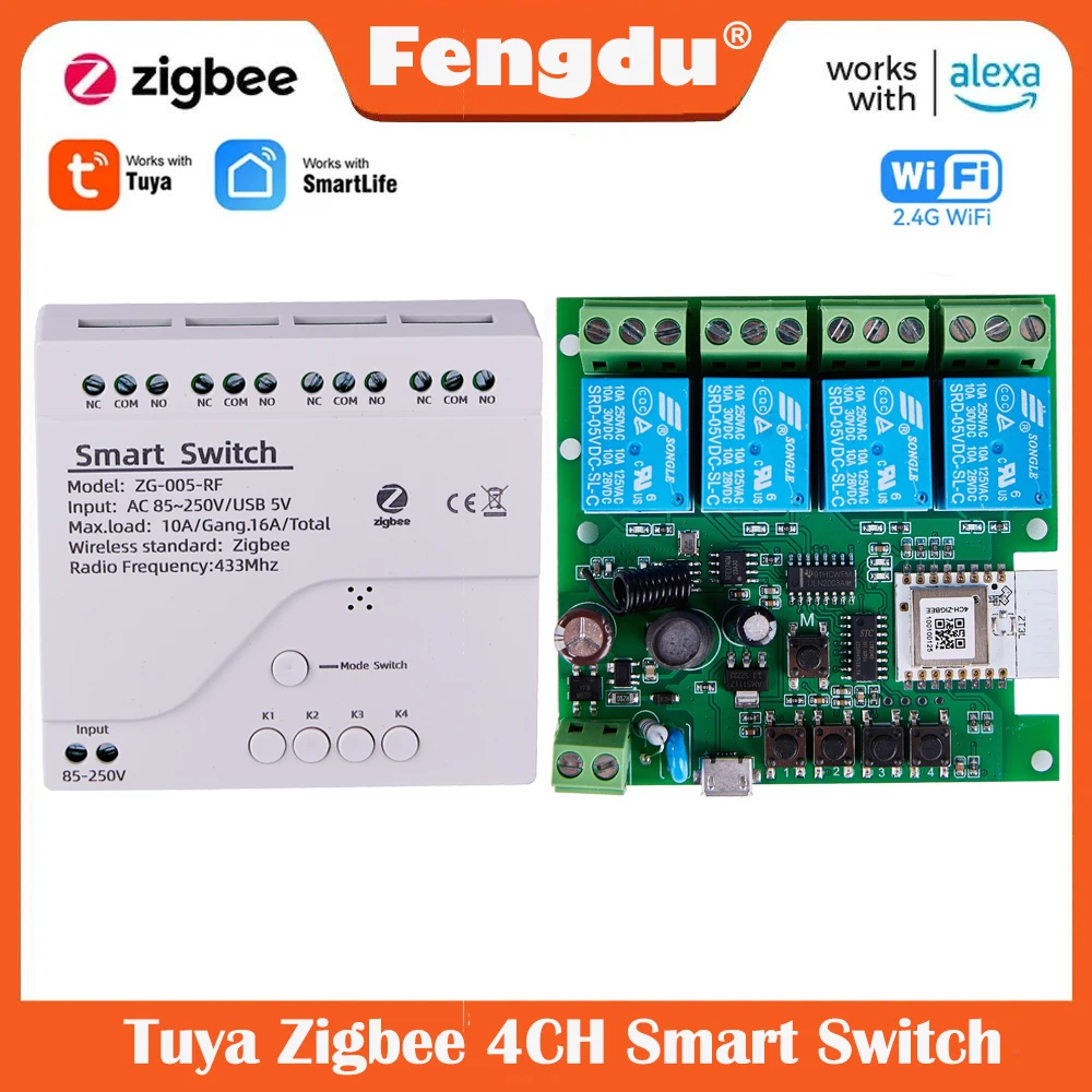 Tuya Zigbee 4CH Smart Switch Relay with Push Button Light Wireless Switch Module Smart Life APP Control Voice for Alexa Google