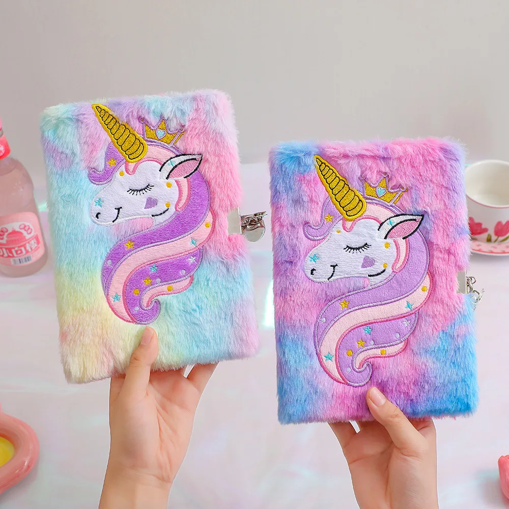 1Pcs Unicorn Diary with Lock and Key,Tie-Dye Fuzzy Journal,Hardcover Notebook,Cute Stationery Unicorn Gift for Girls