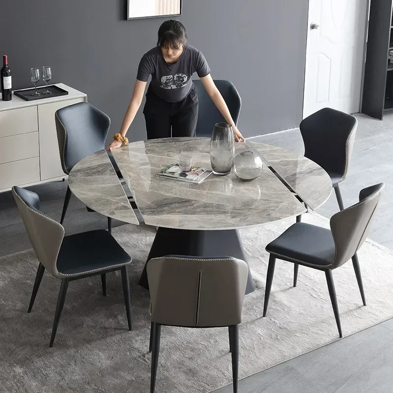 Italian retractable rock slab dining table and chair combination multi-functional rotatable square table becomes round table