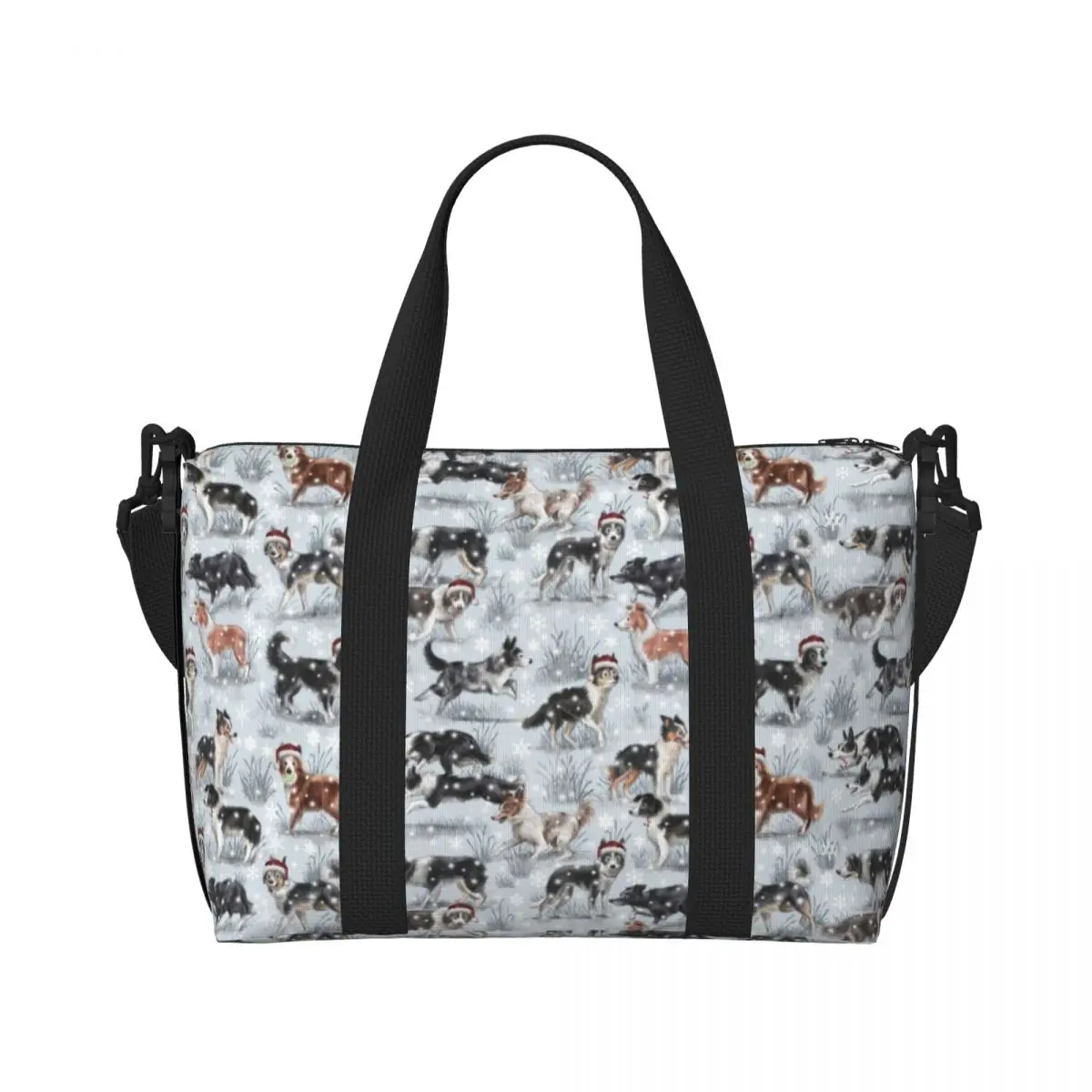 CUSTOM น่ารักคริสต์มาส Border Collie สุนัขร้านขายของชํา Shopping Tote กระเป๋าผู้หญิงขนาดใหญ่ความจุสัตว์เลี้ยงสัตว์ GYM Beach กระเป๋าเดินทาง