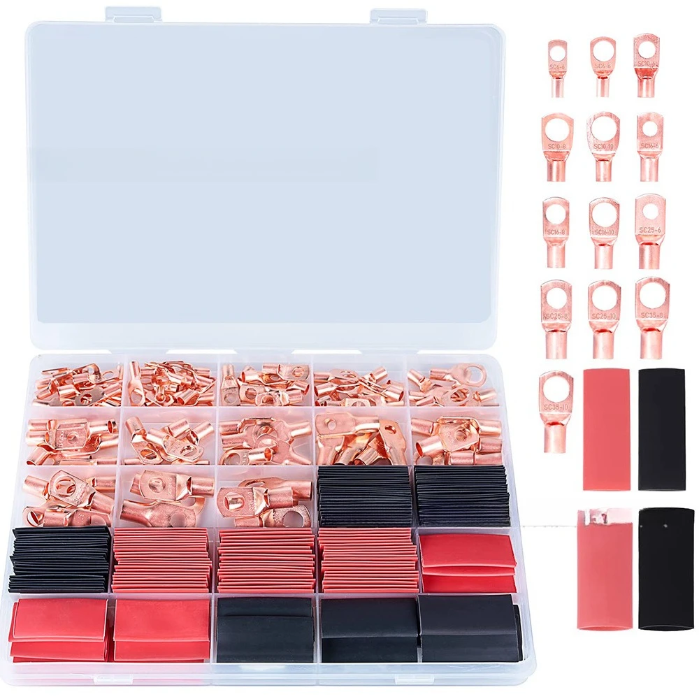 195PCS SC Inspection Window Copper Cable Lugs Kit, Wire Terminals with Red & Black Heat Shrink Tubing Assortment Box