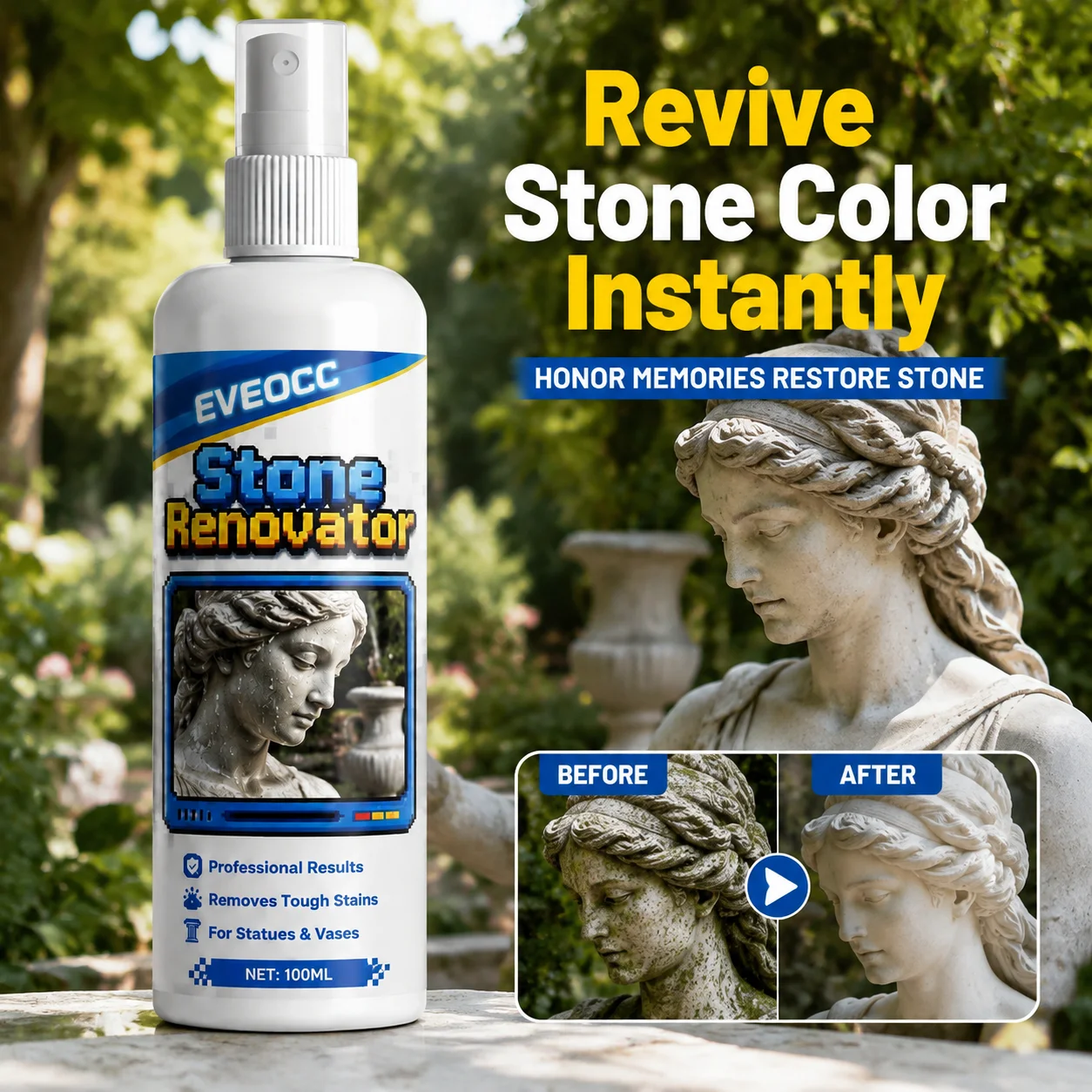 EVEOCC Stone Renovator Spray 100ml, Professional Stone Cleaner Tough Stain Remover for Statues Vases & Stone Surfaces