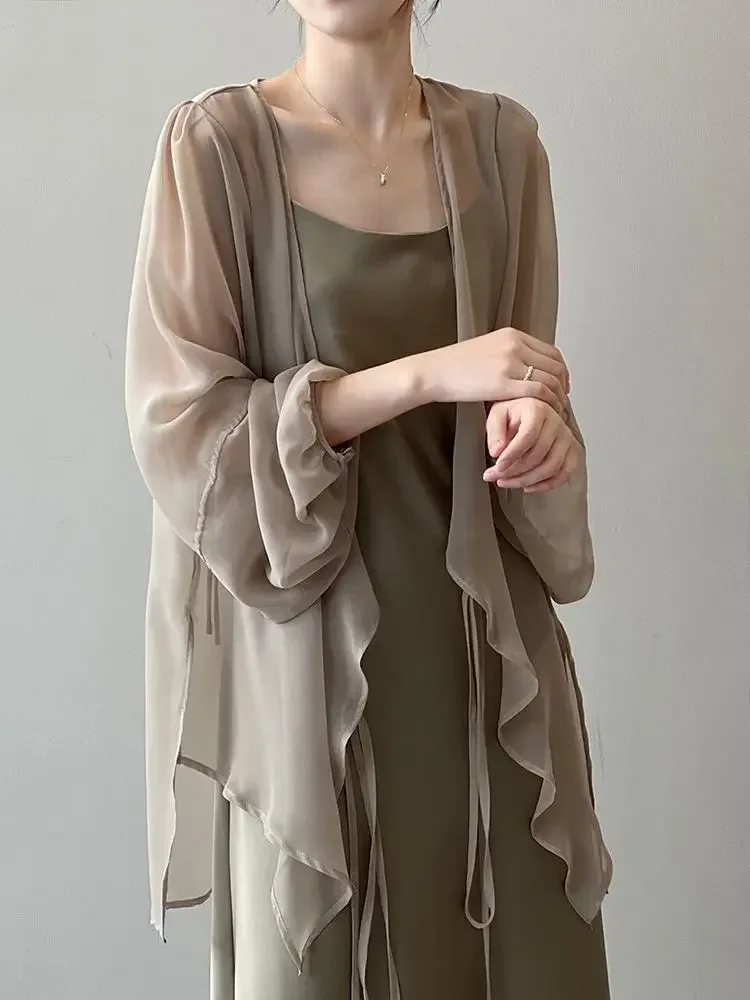 

Shirts Women V-neck Loose Long Sleeve Open Stitch Korean Style Lace-up Simple Solid Summer Chiffon Breathable Minimalist Stylish
