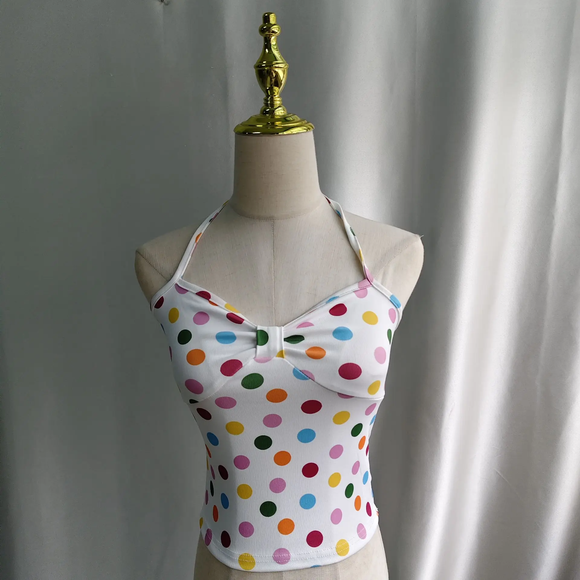 Kimotimo Sweet Spicy Girl Polka Dot Print Halter Vest Vintage Backless Slim Fit Short Corset Tops Y2k Aesthetic Outerwear Tanks