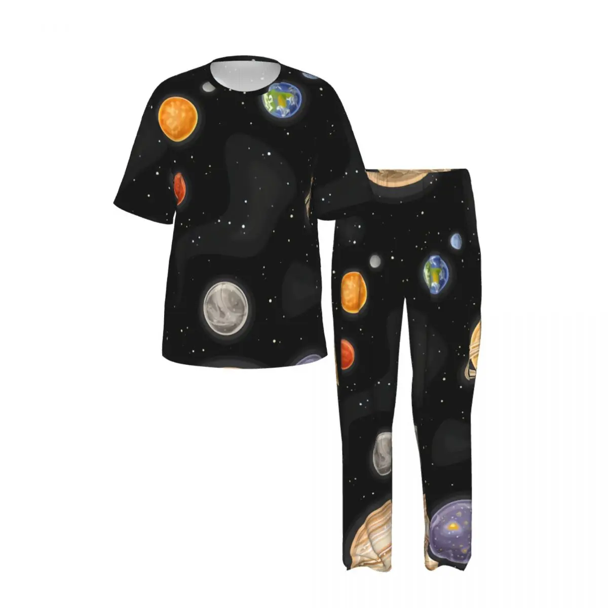 Men Pajamas Set Space Planets And Stars Short Sleeve Spring Summer Lounge Sleepwear Male Nightwear