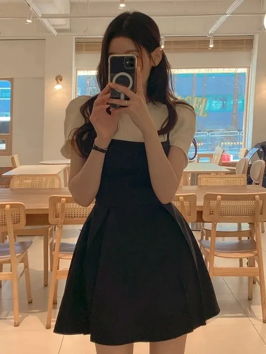 Korean Style Atmosphere Strap Dress Women's Fashion Retro Backless Belted Waist Cinch Layered Design Sense Dress