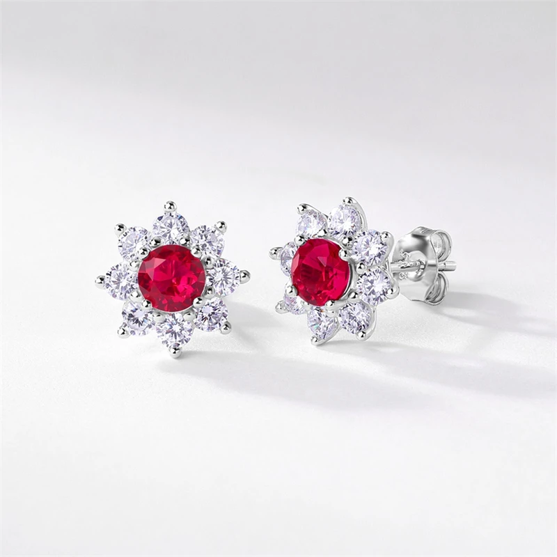 Statement Jewelry 925 Sterling Silver Lab Ruby Red AAA Zircon Sunflower Stud Earrings Women Wedding Engagement Jewelry Gift