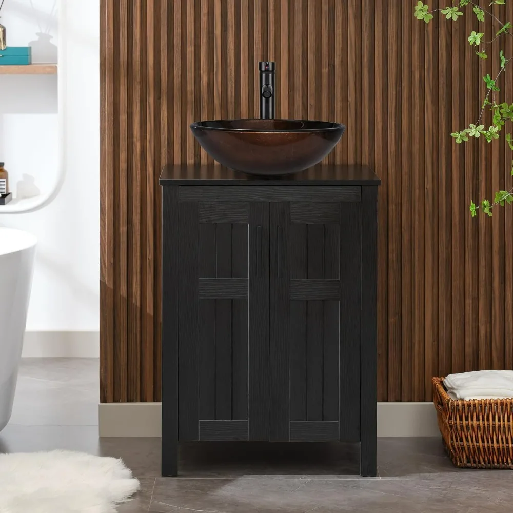 Black Bathroom Vanity with Sink Combo,Modern Vanity with Vessel Sink,Stylish Bathroom Vanity Cabinet,Grooved Doors & Metal