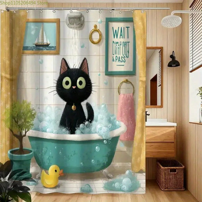 A Bathroom Shower Curtain, Pet Supplies Market, Cute Pet Day Shower Curtain, Includes 12 Hooks, 180*180Cm Bathroom Window Curt