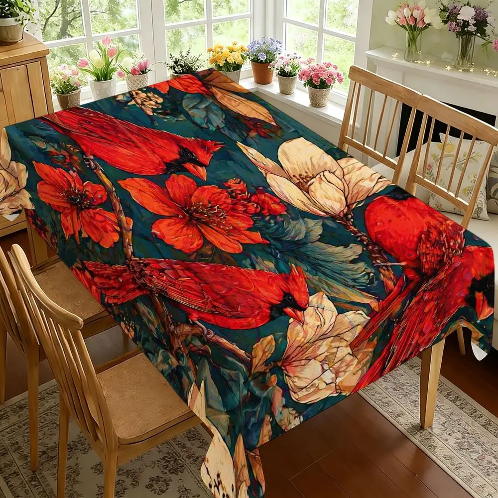 Vibrant Cardinal And Floral Print Tablecloth - Red Northern Cardinals, Orange Hibiscus And White Magnolia on Dark Teal Background, Polyester, Rectangular, Machine Made, Suitable for Dining Room Decor, Indoor Use, Spring And Summer Party Essen