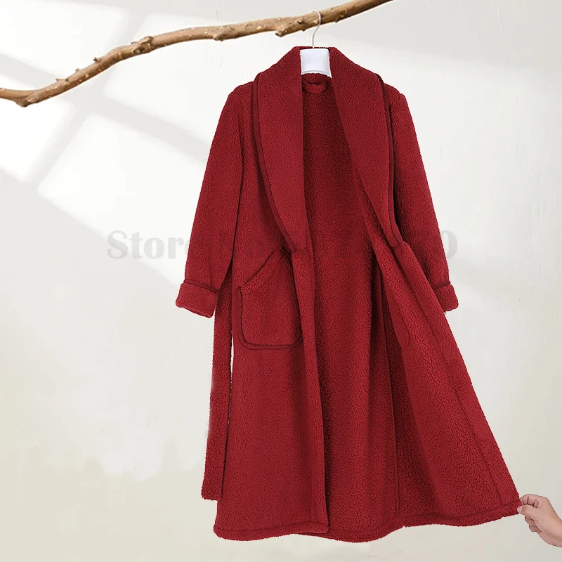 Winter Flannel Couple Long Robe Lounge Wear Thickened Coral Fleece Kimono Bathrobe Gown Sleepwear Loose Casual Warm Home Clothes