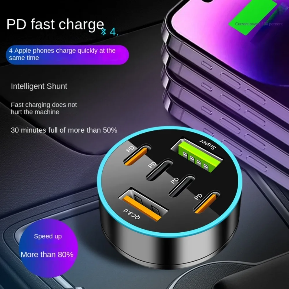 Dual-USB-Ausgang, Handy-Autoladegerät, 5 Anschlüsse, Typ C, 5 Anschlüsse, Autoladegeräte, schnelles Aufladen, universeller Autoladegerät-Adapter