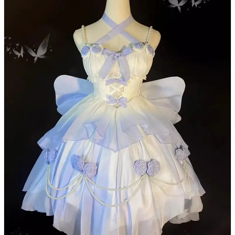 Gaun Pengantin Lolita Pendek Depan Panjang Belakang Berongga Bunga Biru Muda Gradien SS23 Berkilauan Halus Luo Pengpeng Heavy Industry