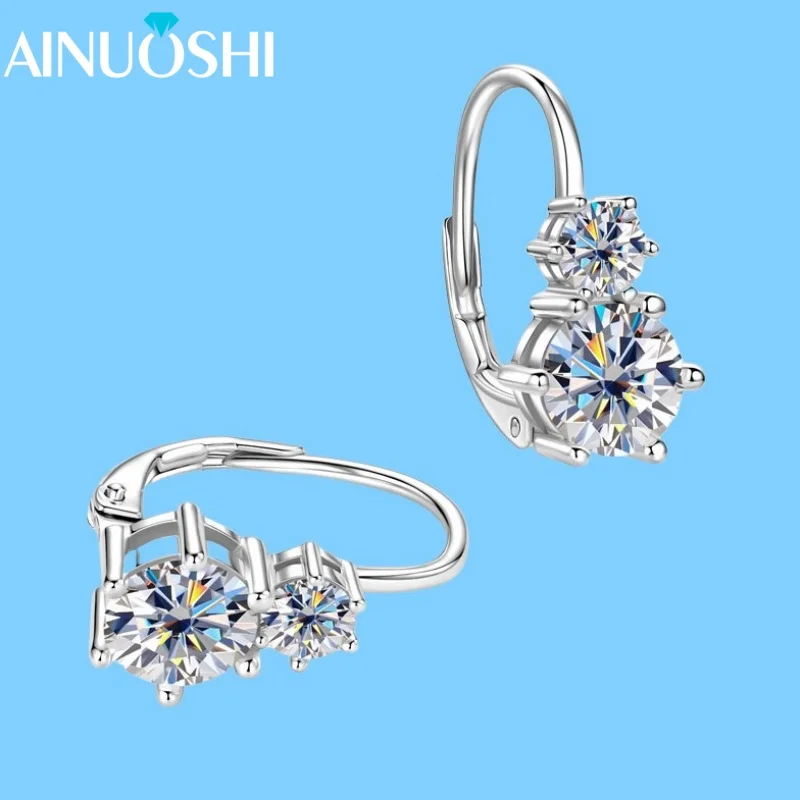 

New AINUOSHI 6.5mm&4mm Moissanite Earrings for Lady 925 Sterling Silver Women's Hoop Clip Earrings Fine Jewelry Christmas Gifts