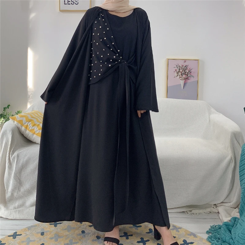 

Eid Mubarak Abaya комплект из 2 предметов с бусинами, мусульманское женское открытое кимоно, костюм с внутренним платьем, Дубайский кафтан, Турция Рамадан, женский костюм