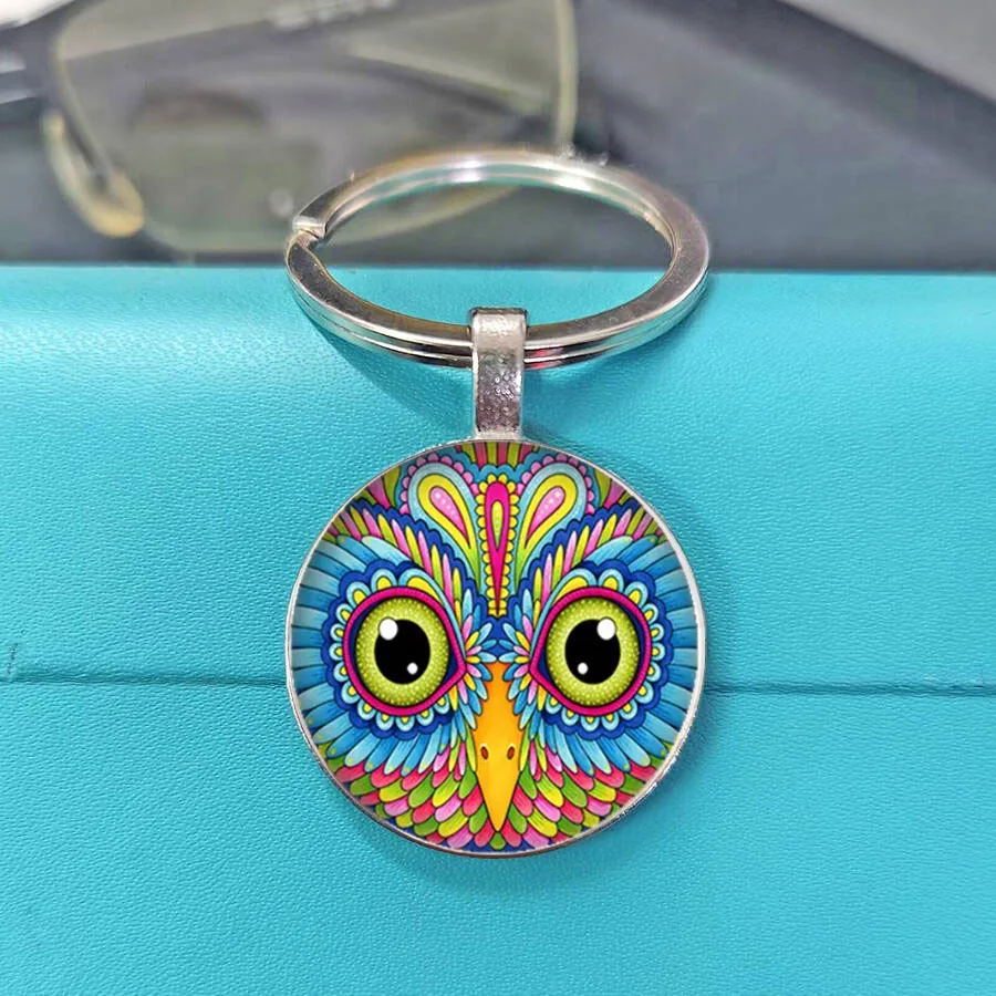 New Glass Convex Round Owl Key Chain Lovely Cartoon Animal Pendant Bag Holder Key Rings view 3