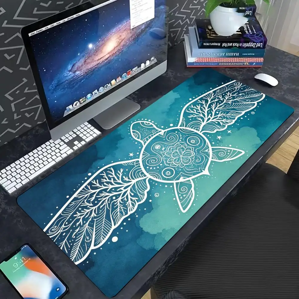 Watercolor Ocean Constellation Sea Turtle Large Gaming Mouse Pad , Gradient Teal Line Art Turtle Non-Slip Stitched Edge Desk Mat