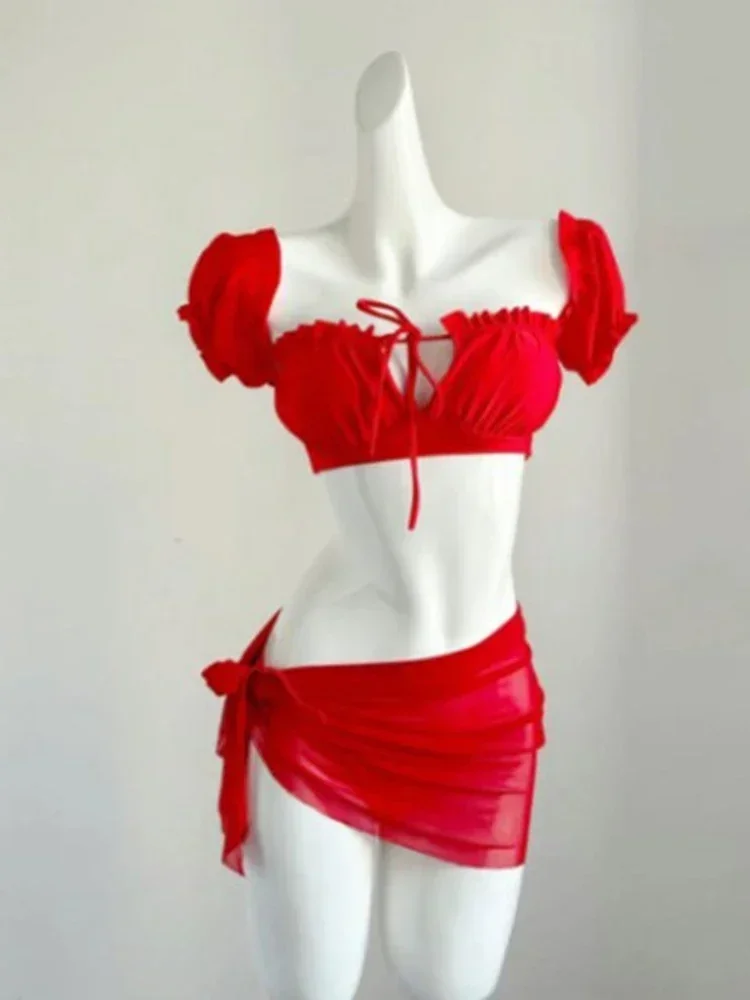OIINAA Bathing Suit Women Red Beachwear Sexy Vintage Split Swimsuit Drawstring Bathing Suit Korean Holiday Bikini Set Summer New