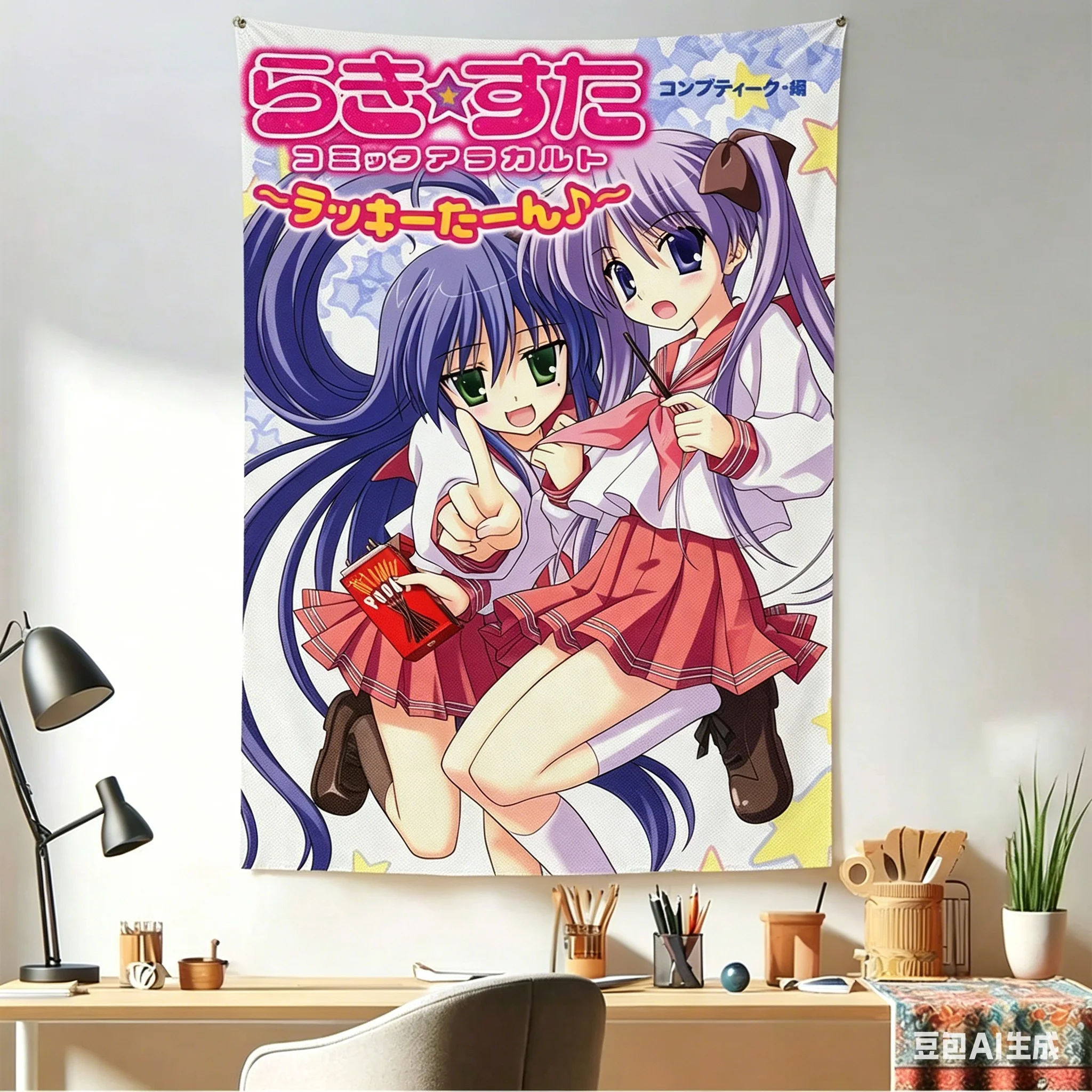 1pc Lucky Star Izumi Konata Hiiragi Kagami Tapestry, Anime School Girl Wall Hanging, Cool Room Stuff, Polyester 2D Print, Bedroo