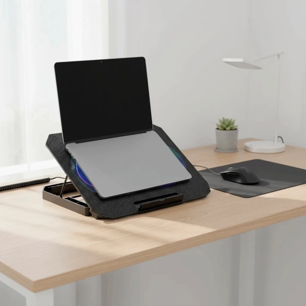 CPU Cooling Foldable Laptop Table Colored Lights RGB Two Fans Notebook Riser 8-speed Adjustment Fan USB Ports