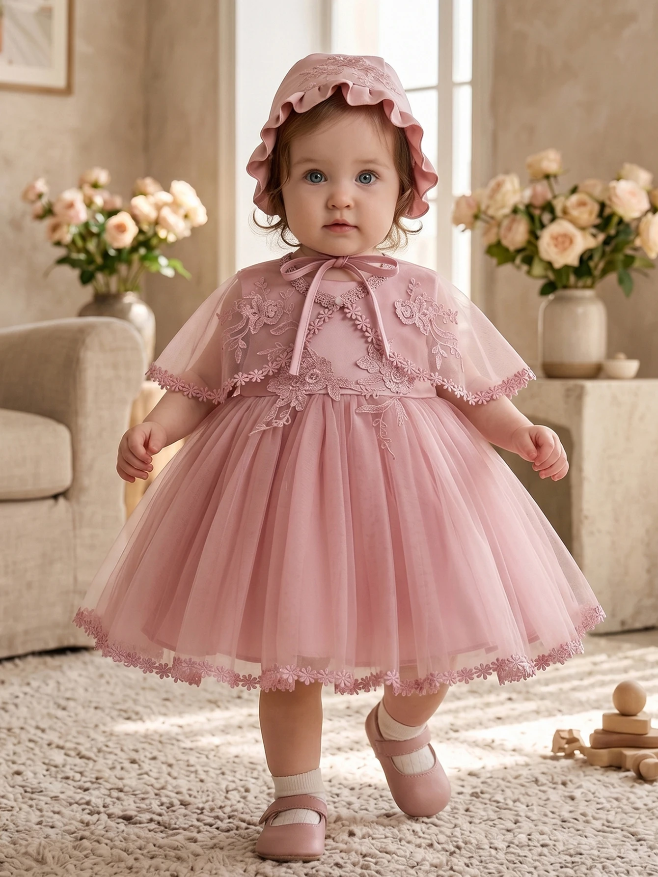 Baby Girls Pink Baptism Dress Lace Embroidered Tulle Christening Gown With Bonnet Cape Short Sleeves Wedding Flower Girls Events