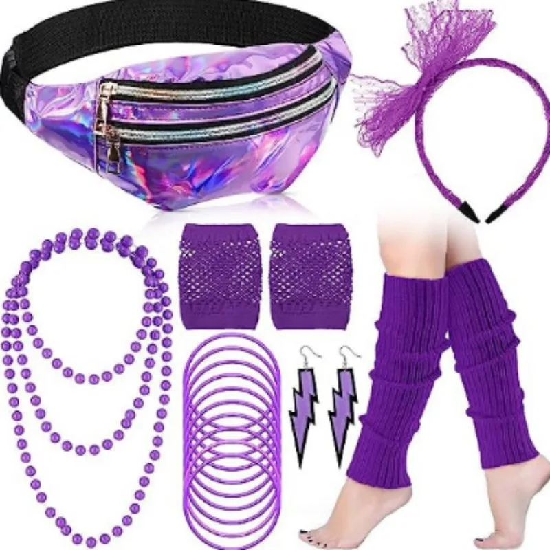 Accessoires de Costume Holographique des Années 80, 19 Pièces, Pack Banane, Jambières, Bandeau de Sauna en Dentelle, Boucles d'Oreilles, Gants, Collier, Bracelet