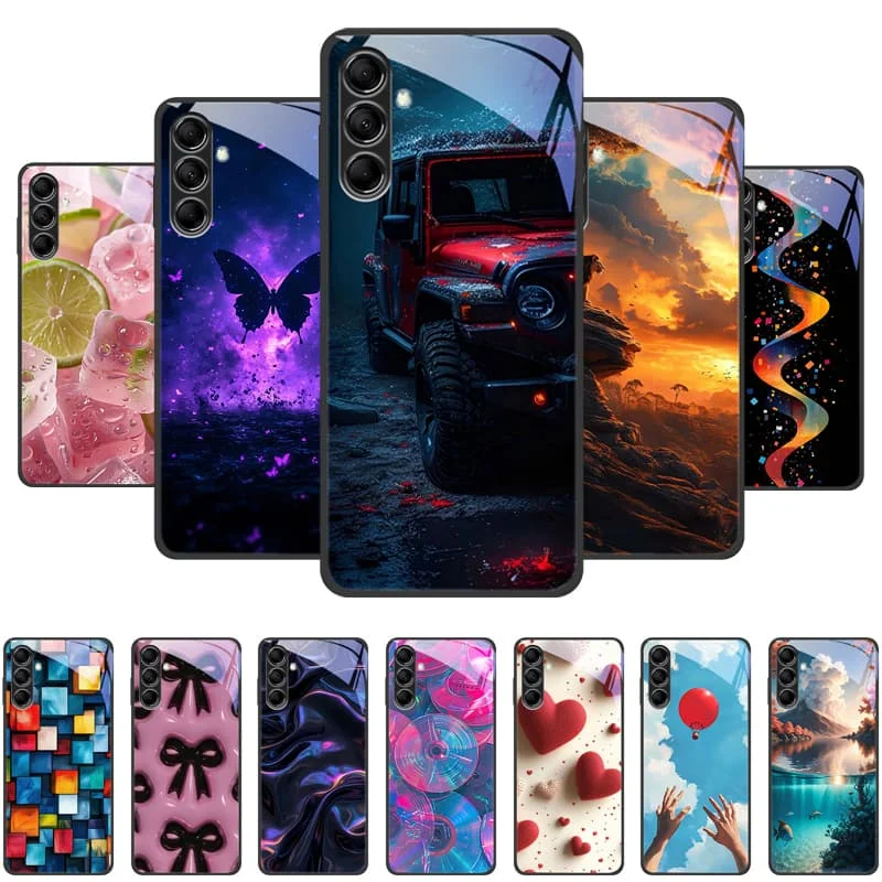 For Samsung Galaxy M16 5G Case Cute Painte Tempered Glass Case Hard Cover For Galaxy M06 M55 M35 M55S Fundas Capas Black Bumper