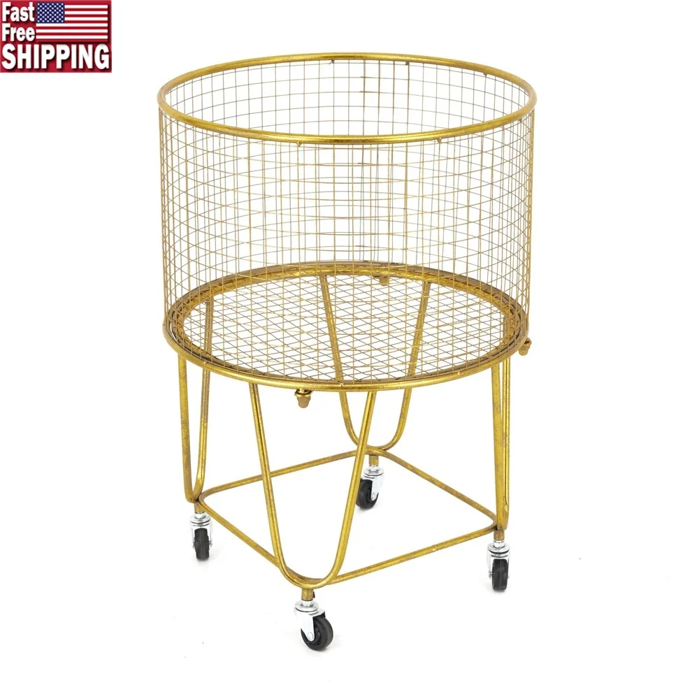 

Gold Metal Rolling Laundry Basket Storage Cart with Wheels Multifunctional Indoor Use Deep Set Mesh Design Industrial Style