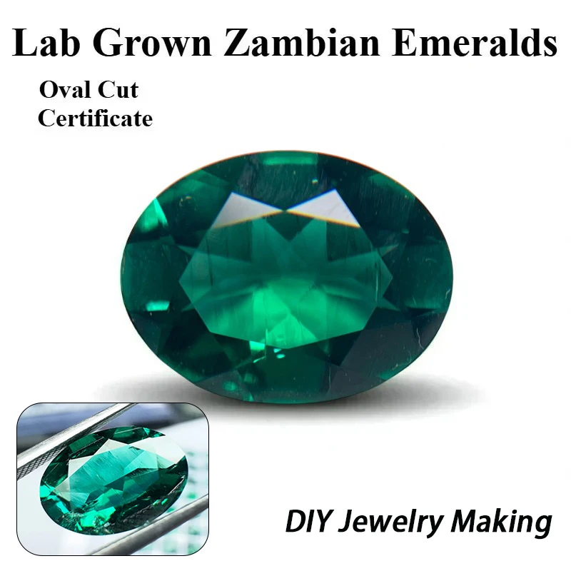 Lab Grown Zambian Emeralds Oval Cut Hydrothermal Hand Cutting with Cracks Inclusions Inside High Sparkle Selectable Certificate
