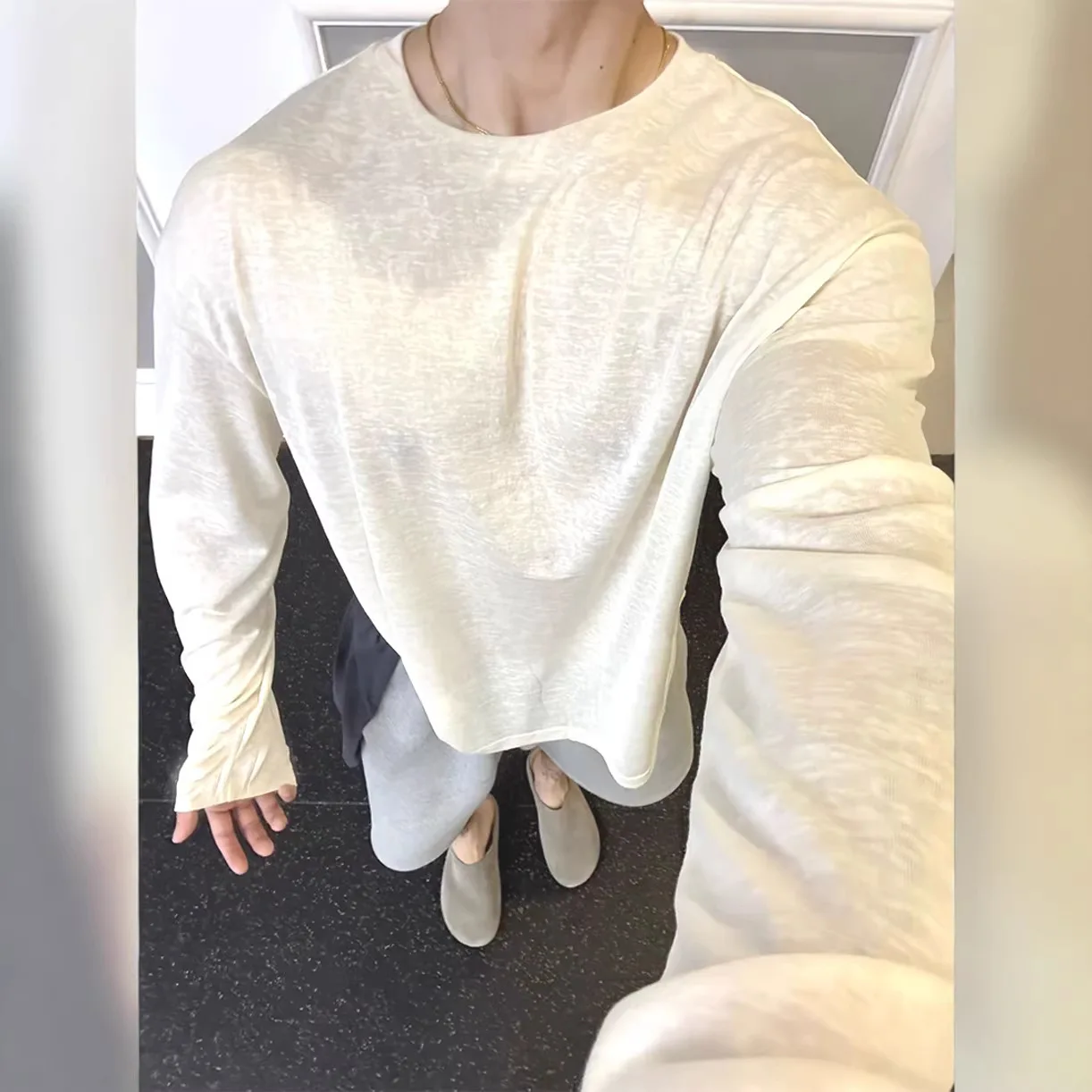 

2026 New Spring Summer Linen Knit Sweater For Men Relaxed Fit Neck Long Sleeve T Shirt Lightweight Sheer Hollow Out Mesh Up Tops