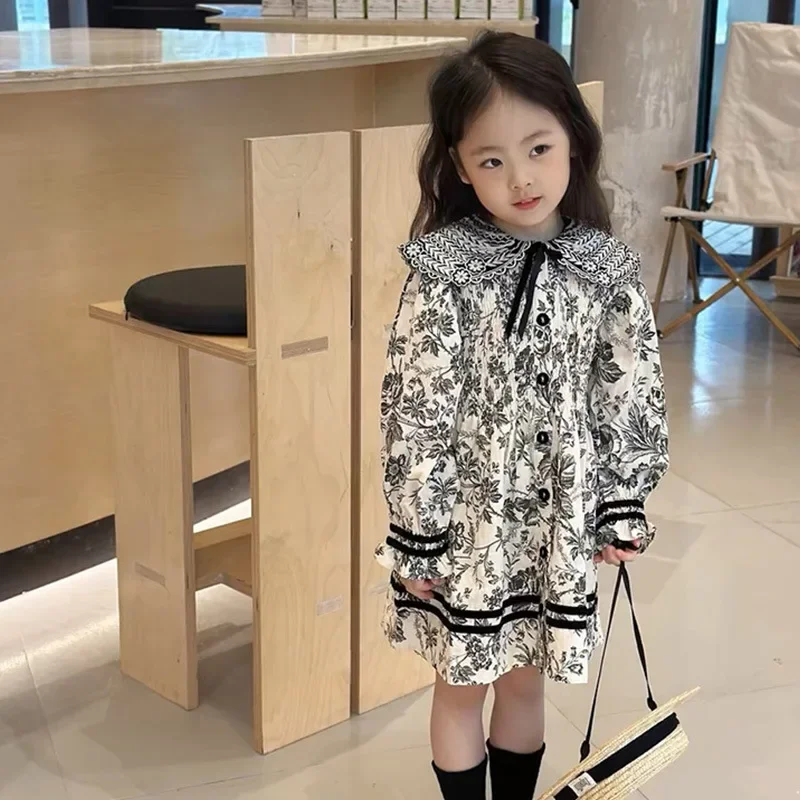 Children's Embroidered Lapel Flower Dress 2024 Spring Autumn New Style Casual Skirt Stylish Kids Clothing Girls Dresses