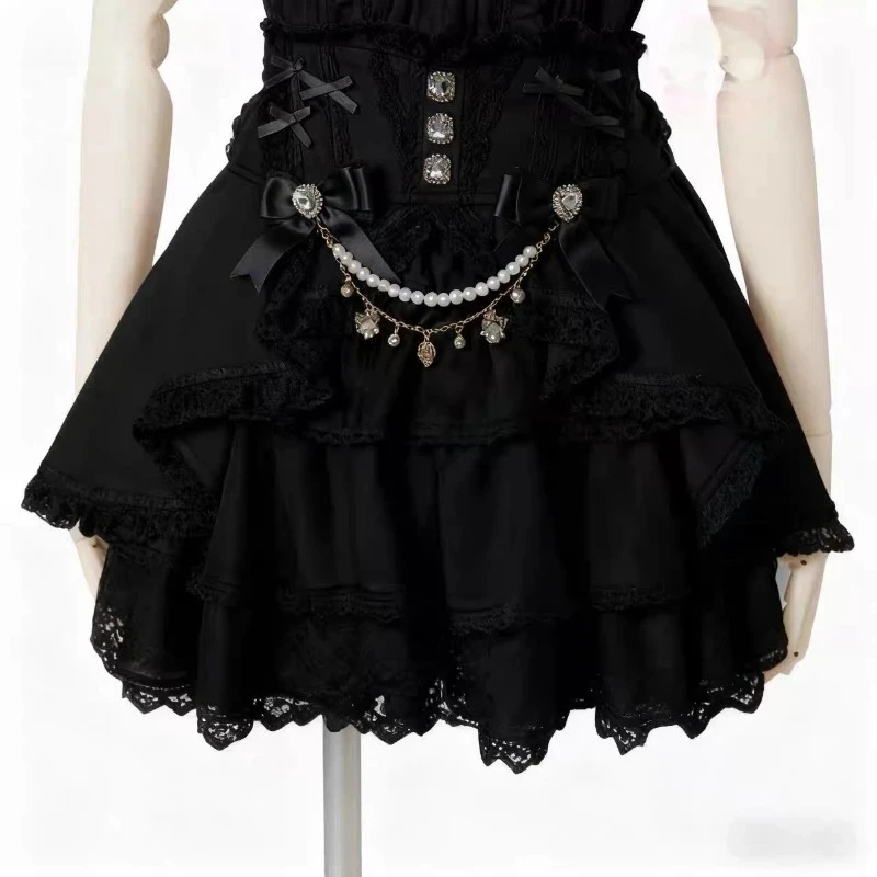 2026 Japanese Kawaii Lolita Mini Cake Skirt Girls Gothic Y2k Short Skirt Women Sweet Elegant Diamond Bow Pearl Chain Slim Skirt