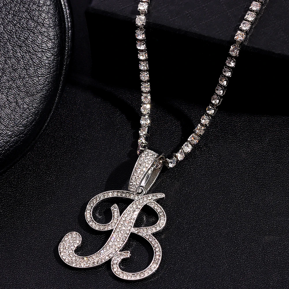 Flatfoosie Iced Out A-Z Cursive Letter Crystal Chain Necklace For Women Bling Rhinestone Initial Choker Necklace Hip Hop Jewelry