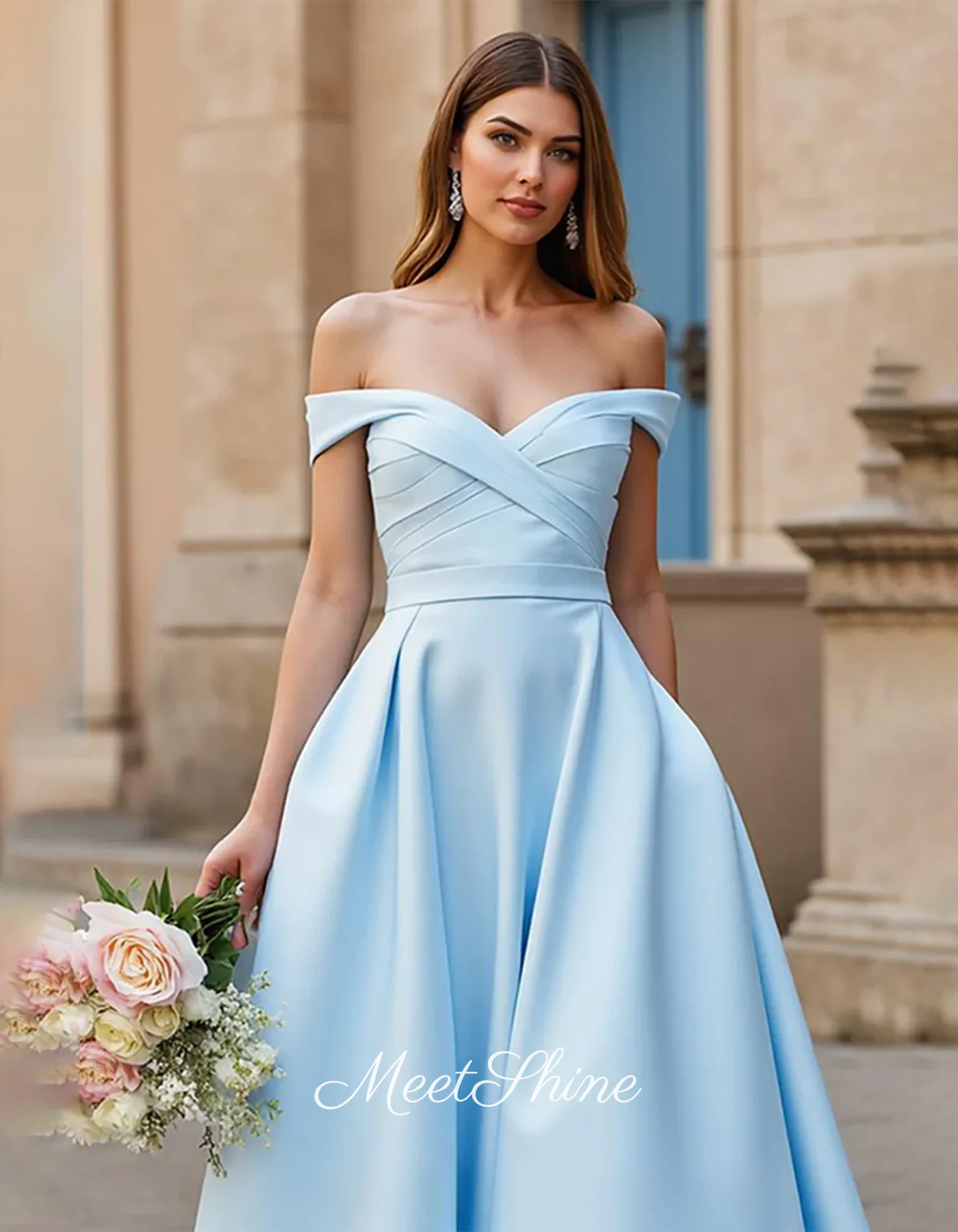 Abito da sera a trapezio con spalle scoperte azzurro cielo Abito da ballo formale da sposa in raso con scollo a cuore sexy senza schienale personalizzato