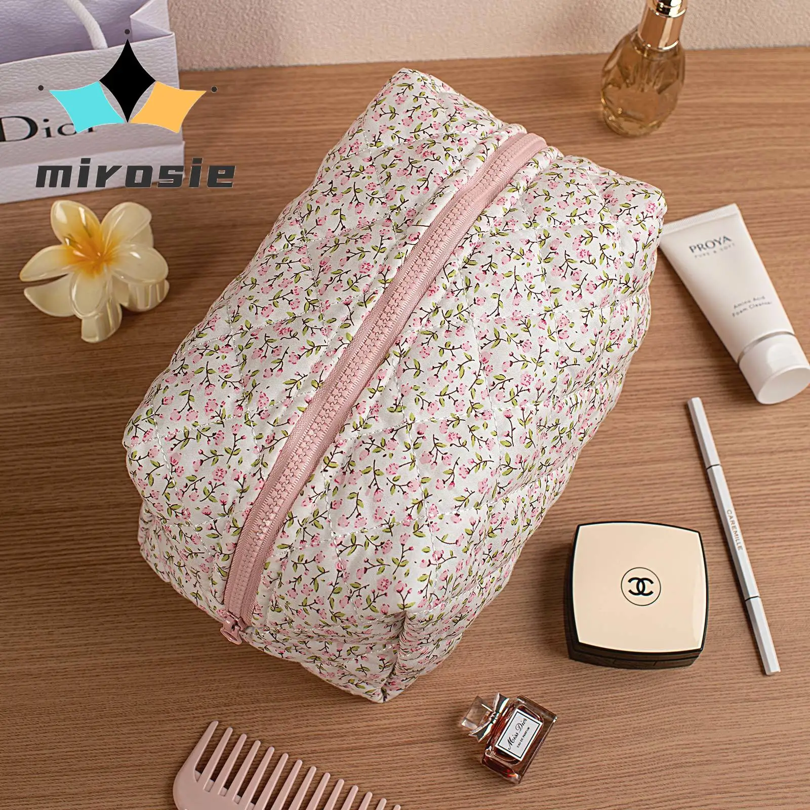 MIROSIE Pretty Pink Floral Print Makeup Bag with Zipper Portable Travel Skincare Storage Pouch Makeup Organizer Big Size