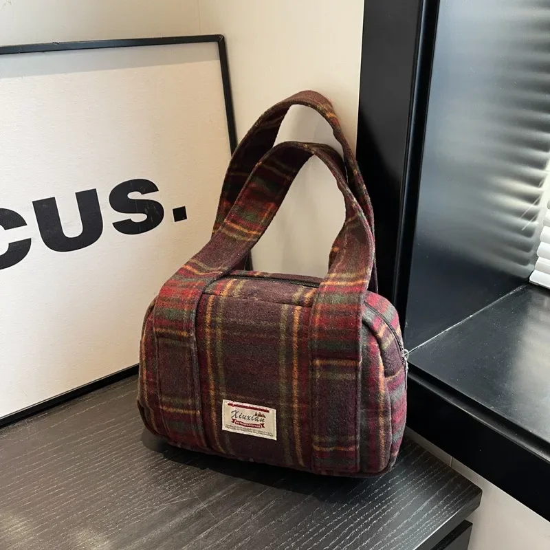 New Plaid Shoulder Bag Autumn Winter Tweed Check Tote Korean Version Shoulder Bag Vintage Shell British College Shoulder Bag