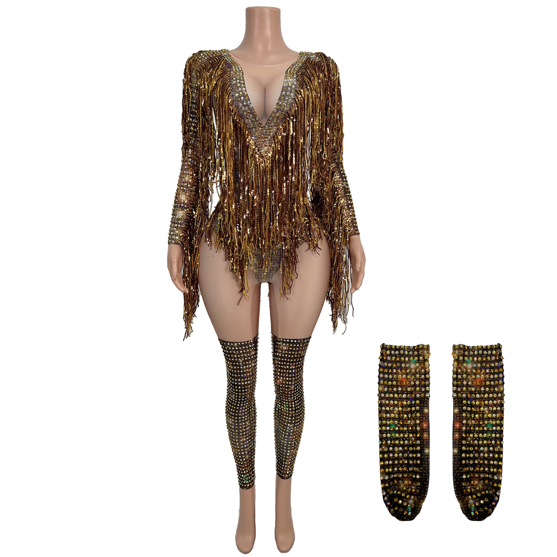 

Liujinyicai Elegant Women Prom Gowns Shiny Gold Rhinestone Sequins Tassel High Stretch Jumpsuit Bar Stage Performance Dress