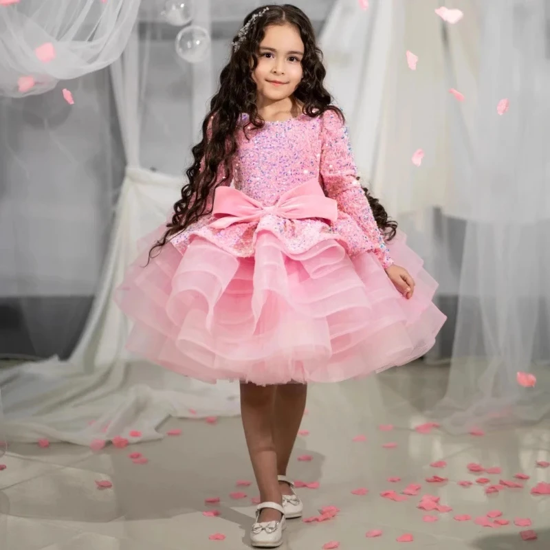 

Kids Girls Velvet Long Sleeve Dress Children Sequin Tiered Princess Party Gown for Piano Performance Host Birthday Party Dresses