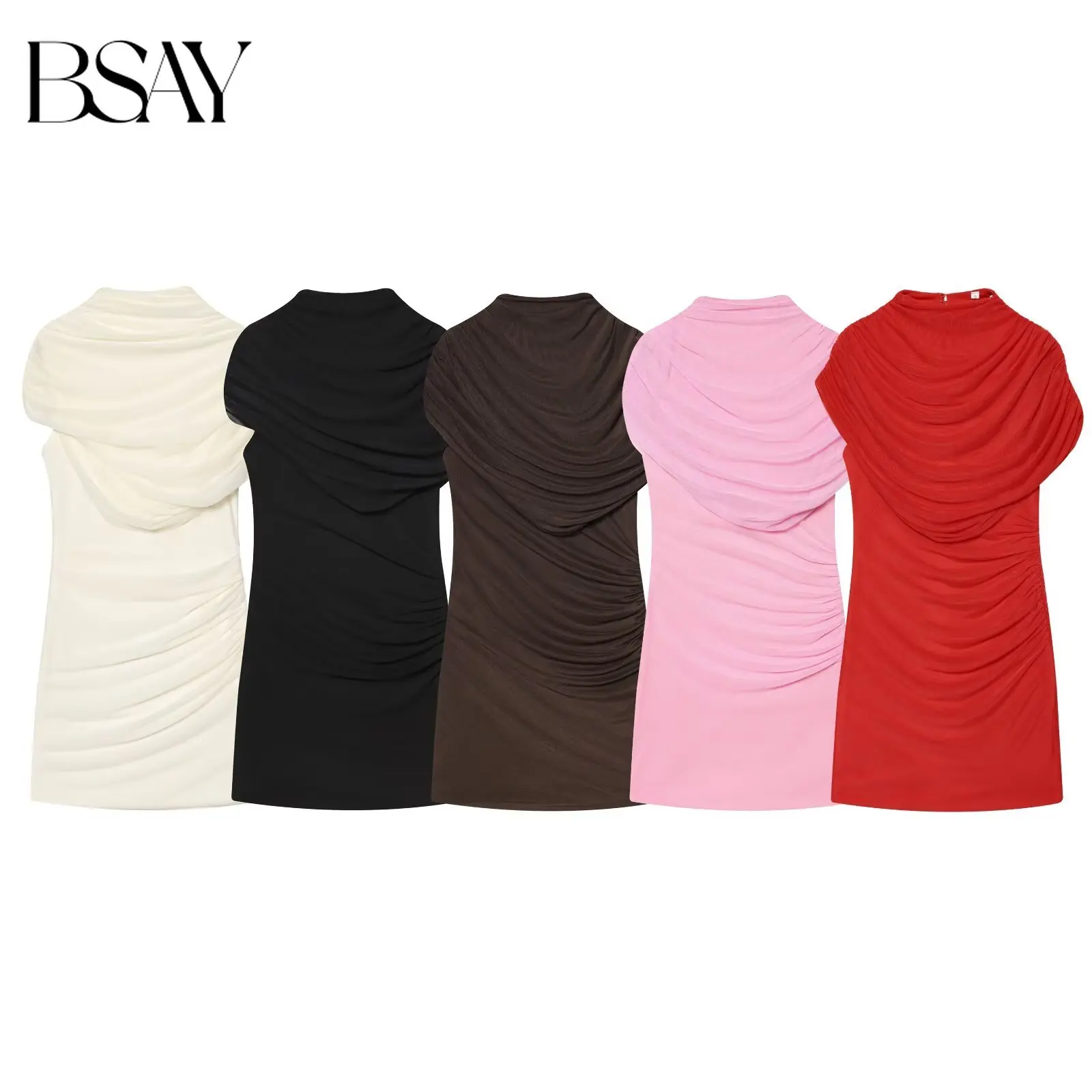 BSAY 2026 Sommer Damen Drapiertes Mesh-Layered Mini-Kleid Ärmellos Hochgeschlossen Gerafftes Bodycon Kurzkleid Elegante Party Club Outfits